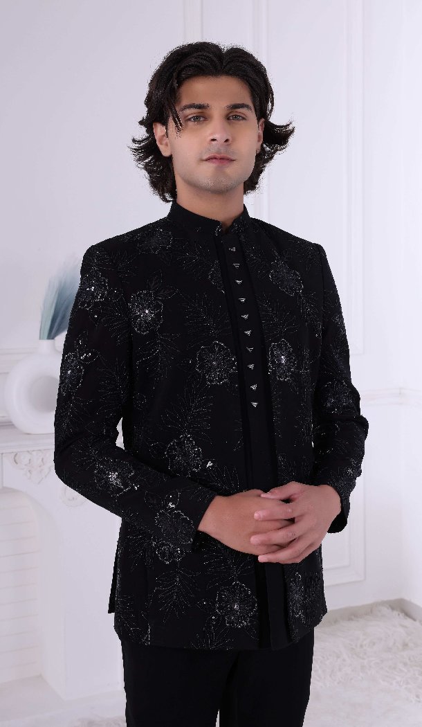 Men Black Embroidery on Imported Mens Wear Indo Western - 13240211728
