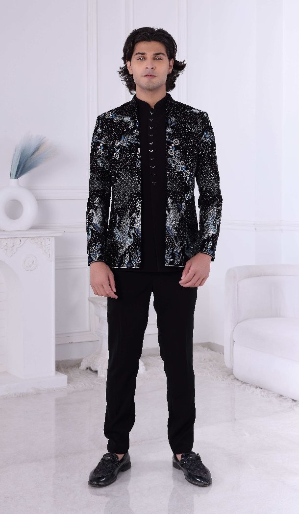 Men Wear Indo Western Velvet Embroidery Black - 13240211730