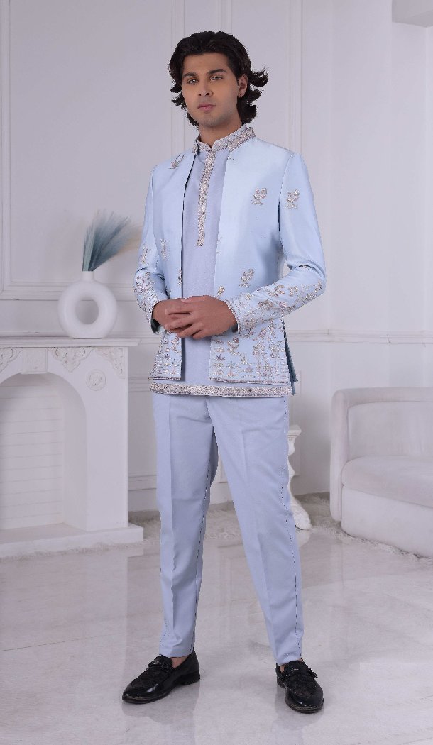 Men Wear Indo Western Daman Sequence Embroidery On Silk Sky - 13240211731