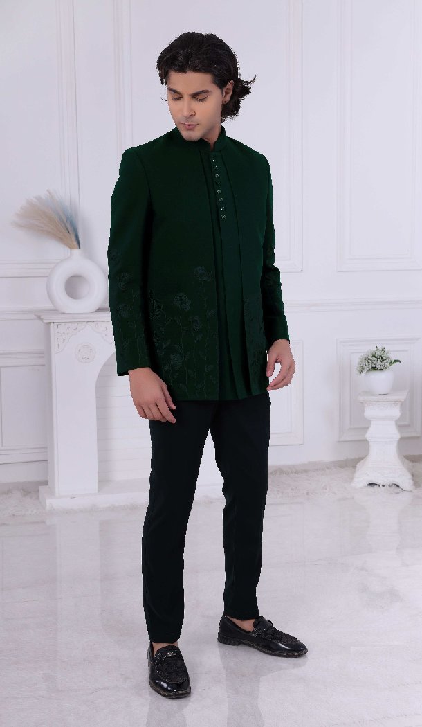 Men Wear Indo Western Bottle Green Daman Sequence Embroidery On Silk - 13240211732