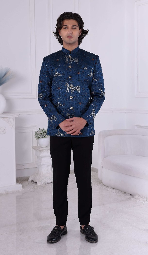 Men Peacock blue Embroidery Silk Mens Wear Indo Western - 13240211734