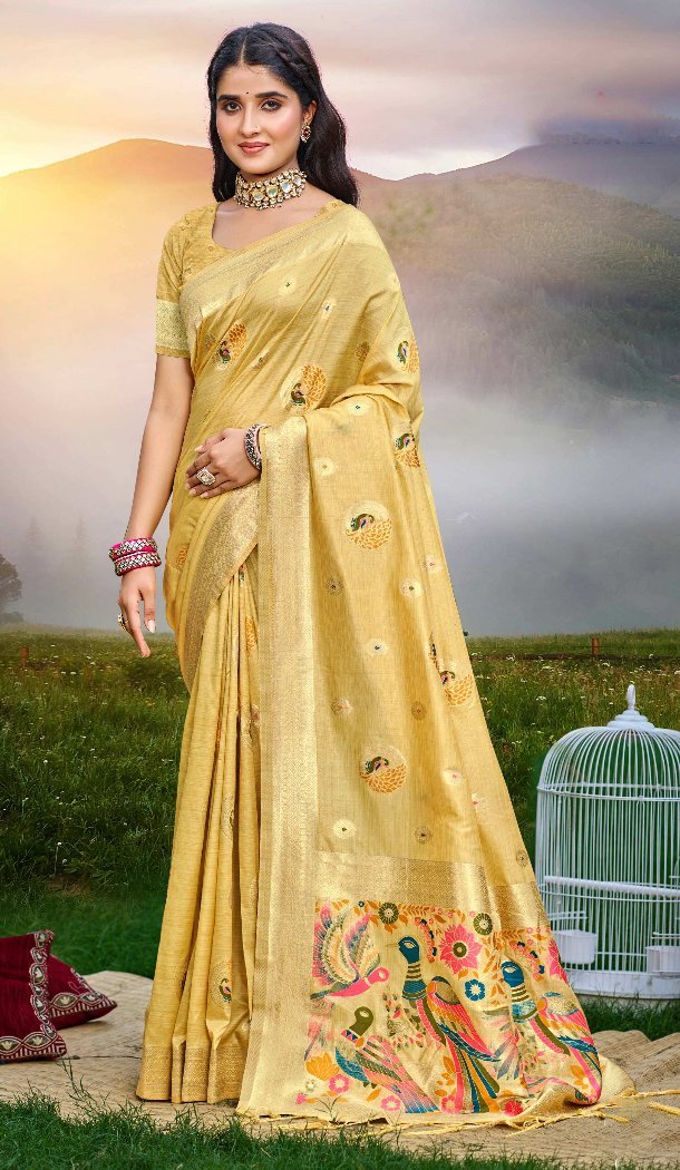 Women Jacquard Assam Silk Party Wear Saree Yellow - 13267211883