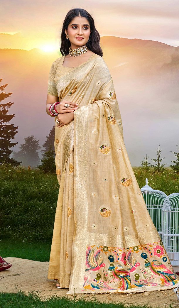 Women Cream Party Wear Saree Assam Silk Jacquard - 13267211886