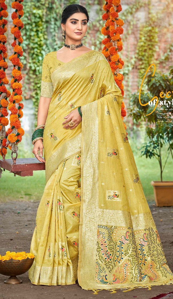 Women Jacquard Yellow Party Wear Saree Assam Silk - 13268211890
