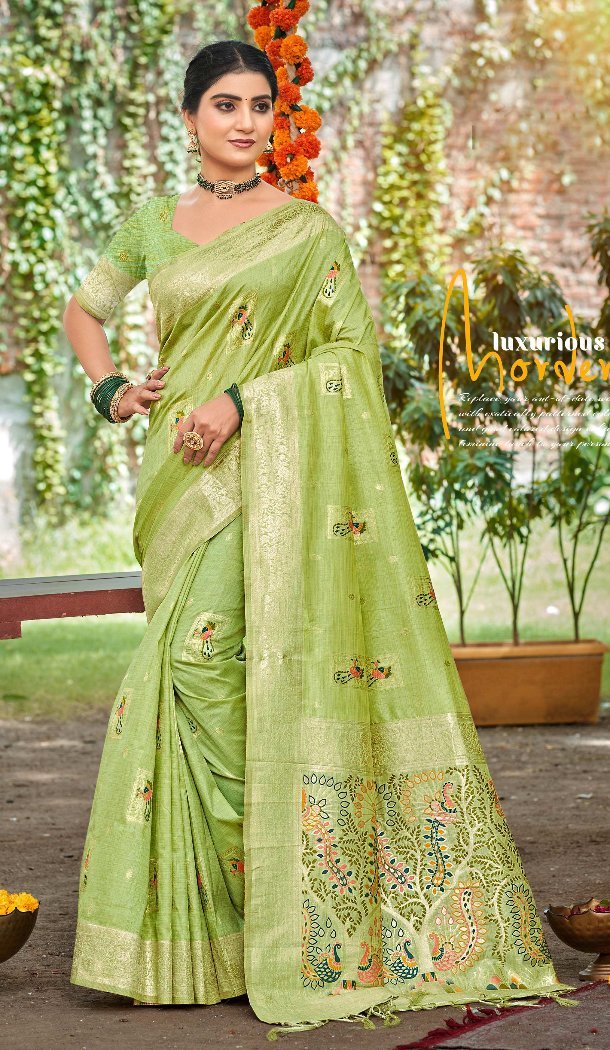 Women Assam Silk Party Wear Saree Green Jacquard - 13268211891