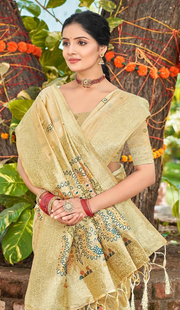 Women Assam Silk Jacquard Cream Party Wear Saree - 13268211892