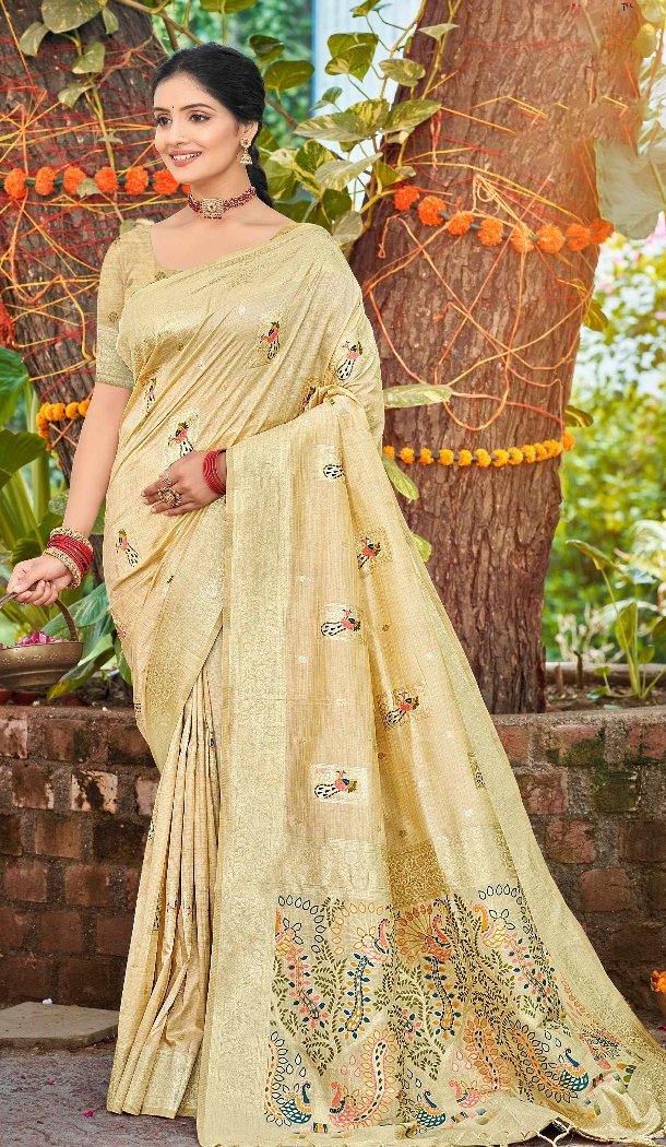 Women Assam Silk Jacquard Cream Party Wear Saree - 13268211892