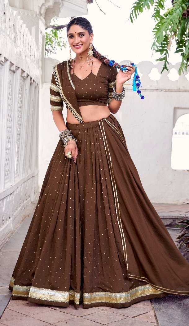Women Pure Chanderi Party Wear Lehenga Choli Brown Embroidery - 13270211899