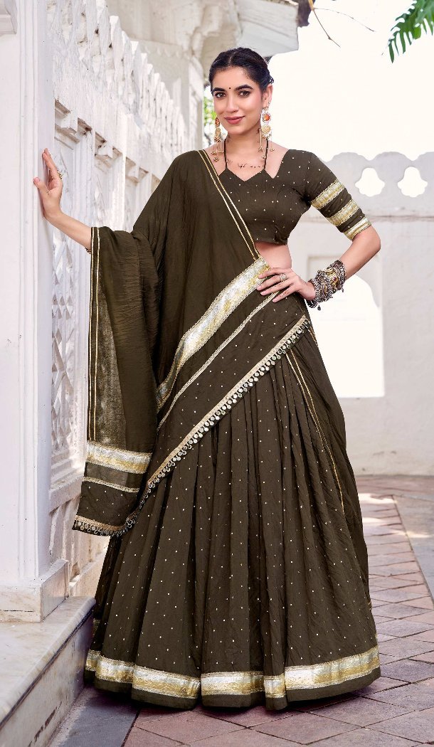 Women Pure Chanderi Embroidery Mehendi Green Party Wear Lehenga Choli - 13270211900