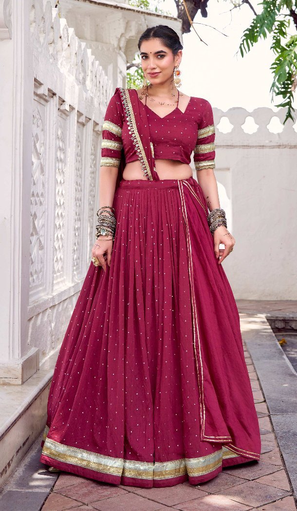 Women Embroidery Pink Pure Chanderi Party Wear Lehenga Choli - 13270211901