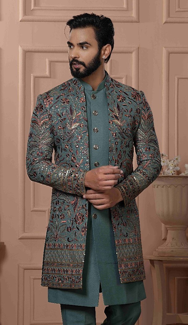 Men Mens Wear Indo Western Georgette Sequence Embroidery Pastel Green - 13277211924