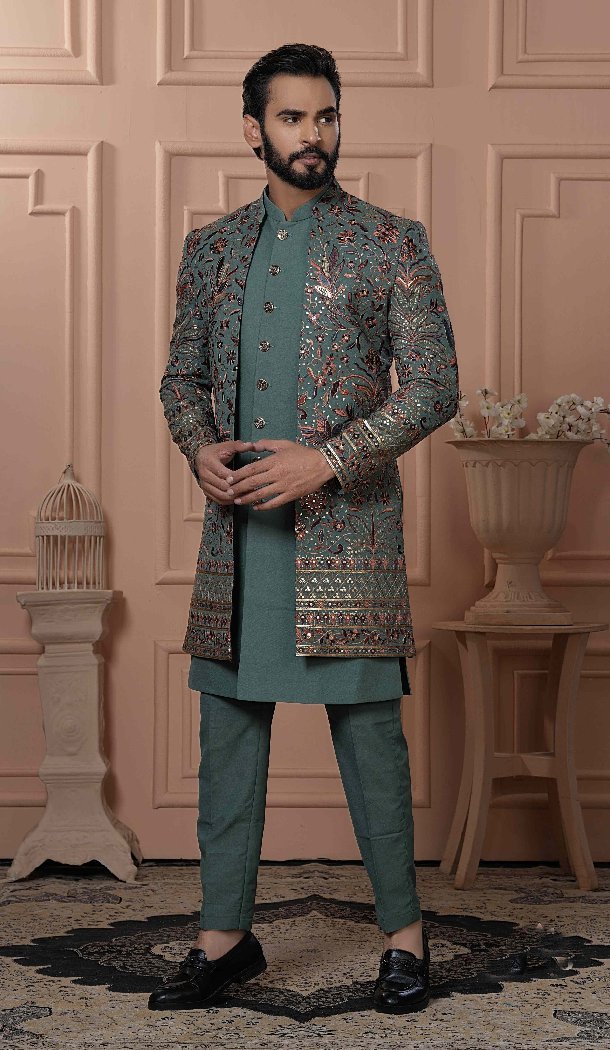 Men Mens Wear Indo Western Georgette Sequence Embroidery Pastel Green - 13277211924