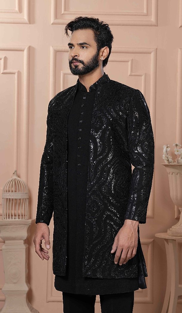 Men Black Mens Wear Indo Western Imported Sequence Embroidery - 13277211927