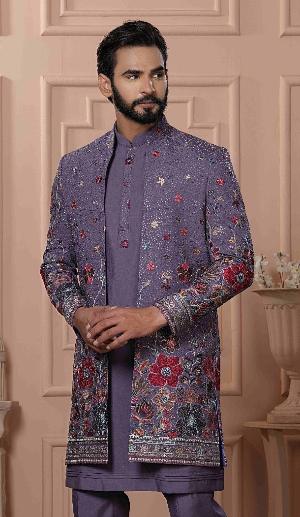 Men Georgette Sequence Embroidery Mens Wear Indo Western Purple - 13277211928