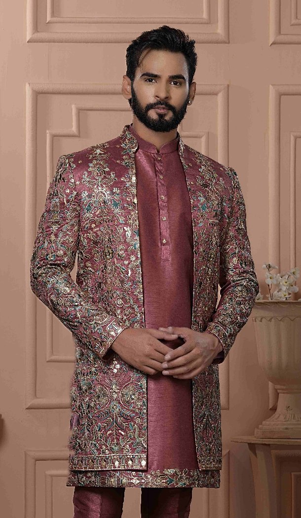 Men Silk Multi Color Embroidery Mens Wear Indo Western Rustish Pink - 13277211929
