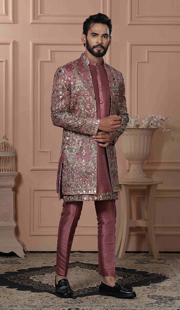 Men Silk Multi Color Embroidery Mens Wear Indo Western Rustish Pink - 13277211929