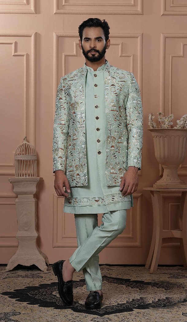 Men Soft Silk Figure Embroidery Mens Wear Indo Western Pista Green - 13277211930