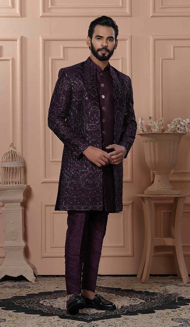 Men Silk embroidery Purple Mens Wear Indo Western - 13277211932