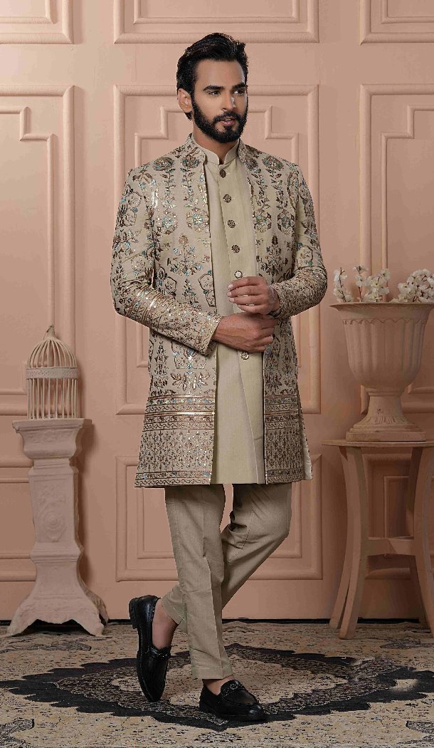 Mens Wear Indo Western New Beige Georgette Sequence Embroidery - 13277211933