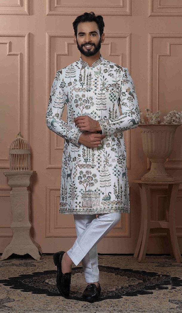 Men Soft Silk Figure Embroidery White Mens Wear Indo Western - 13277211936