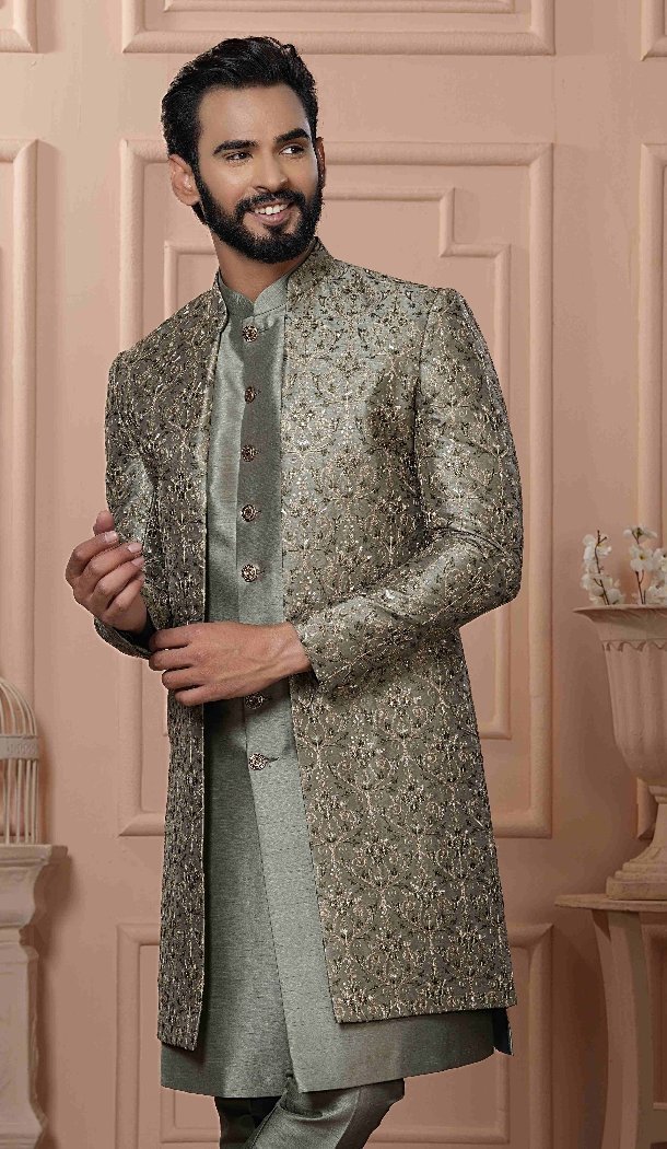 Mens Wear Indo Western Silk embroidery Mendi Green - 13277211938