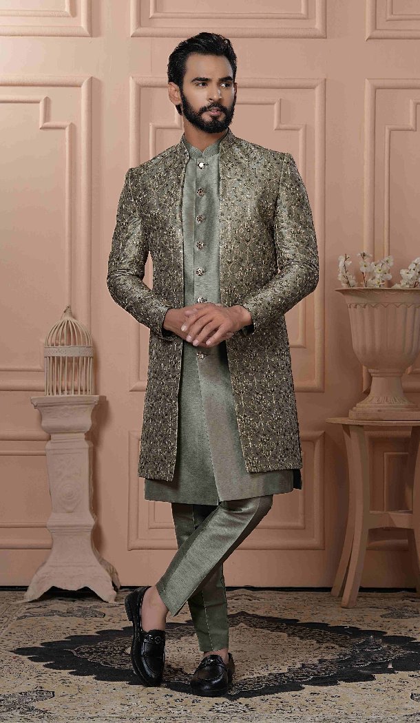 Mens Wear Indo Western Silk embroidery Mendi Green - 13277211938