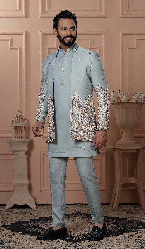 Men Pastel Pista Green Mens Wear Indo Western Soft Silk Embroidery - 13277211939