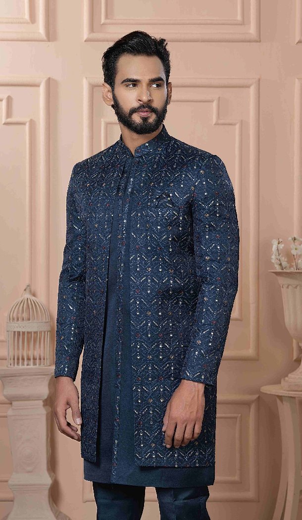 Men Sequence Embroidery Peacock blue Mens Wear Indo Western - 13277211940