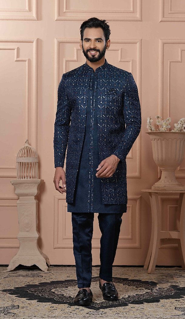 Men Sequence Embroidery Peacock blue Mens Wear Indo Western - 13277211940