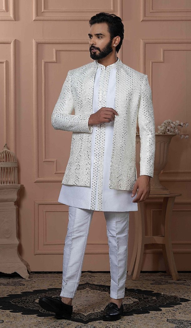 Men Cream Mens Wear Indo Western Silk sequence Embroidery - 13277211941