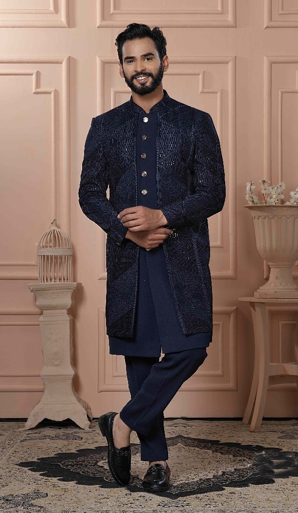 Men Imported Embroidery Mens Wear Indo Western Navy Blue - 13277211947