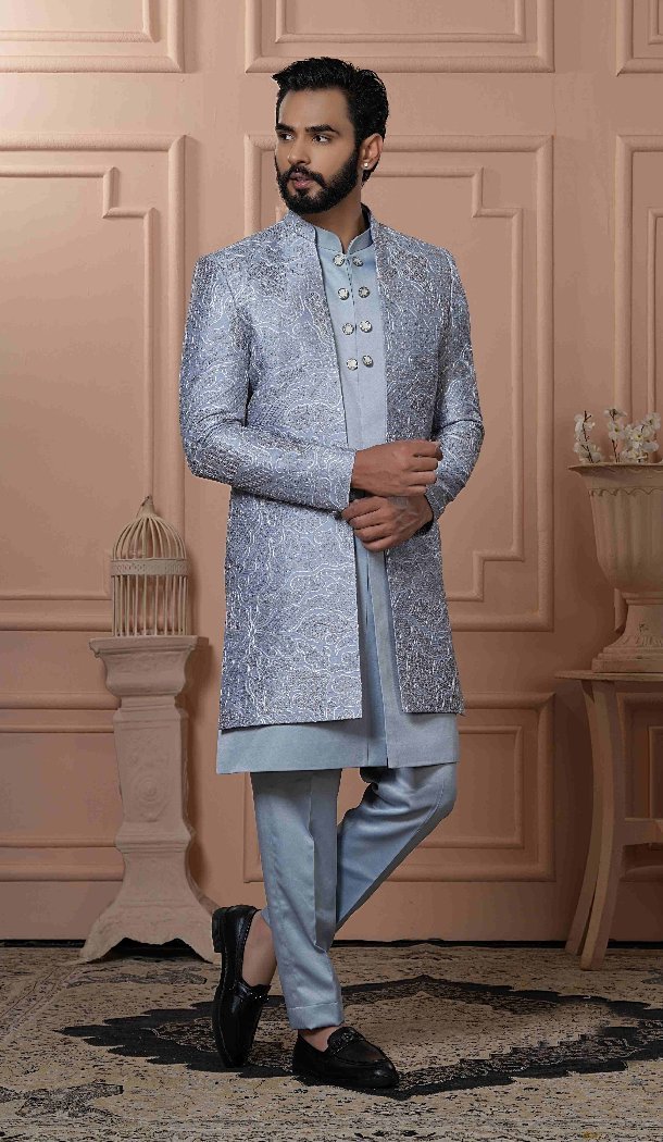 Men Gray Sequence Embroidery Mens Wear Indo Western - 13277211949