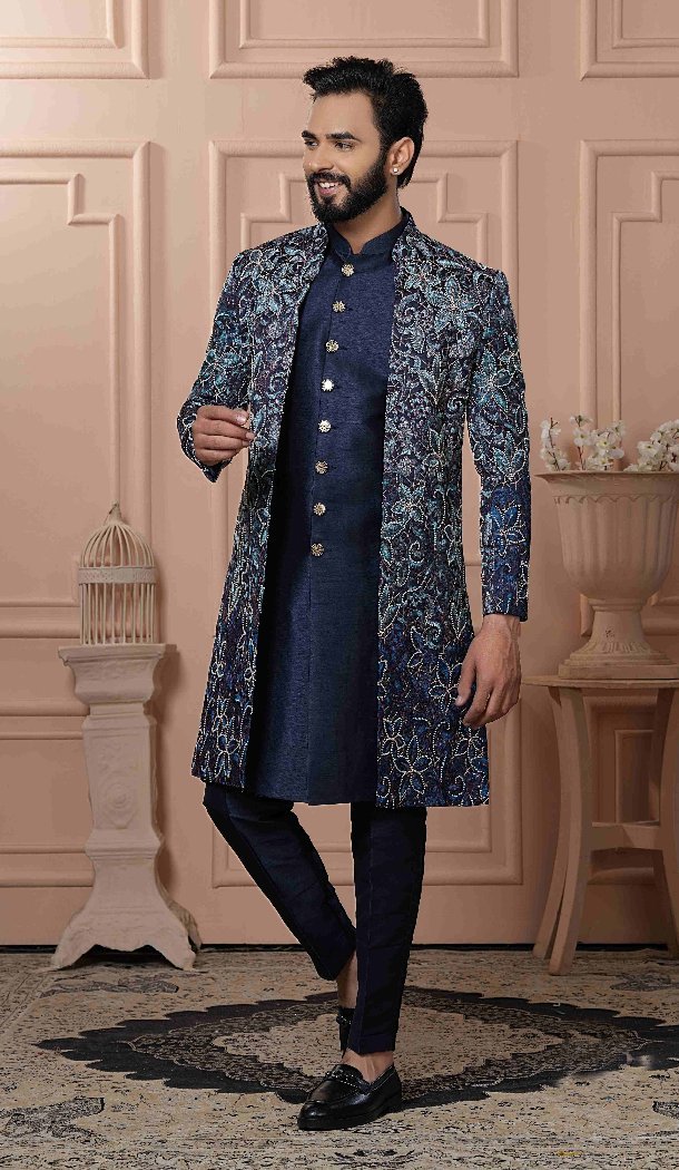 Men Silk Shaded Bids Work Embroidery Shaded Blue Mens Wear Indo Western - 13277211950