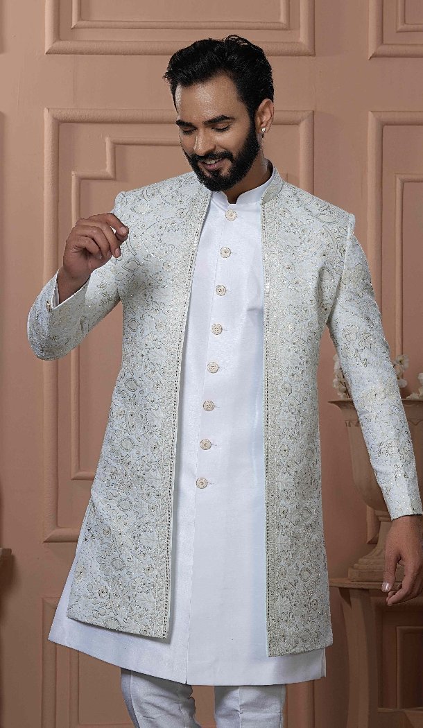 Men Georgette Sequence Embroidery Light Sky Blue Mens Wear Indo Western - 13277211951