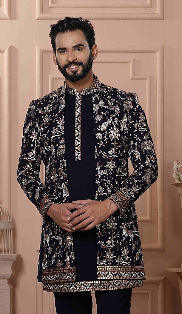 Men Georgette Sequence Embroidery Navy Blue Mens Wear Indo Western - 13277211952