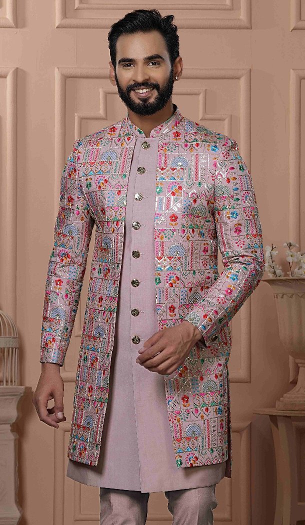 Mens Wear Indo Western Silk embroidery Magenta Pink - 13277211954