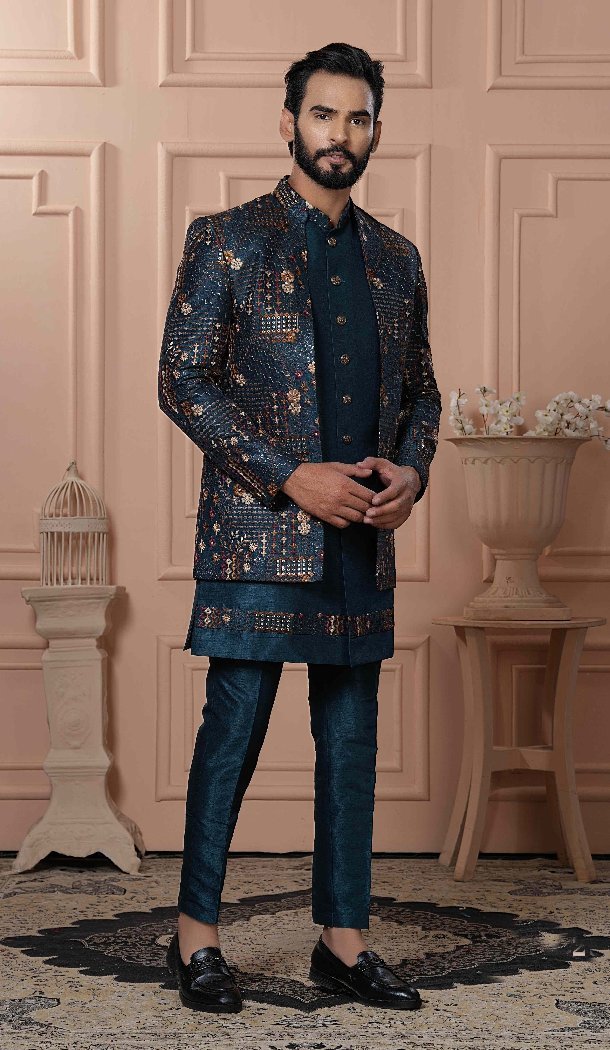 Men Silk embroidery Mens Wear Indo Western Peacock Rama - 13277211955