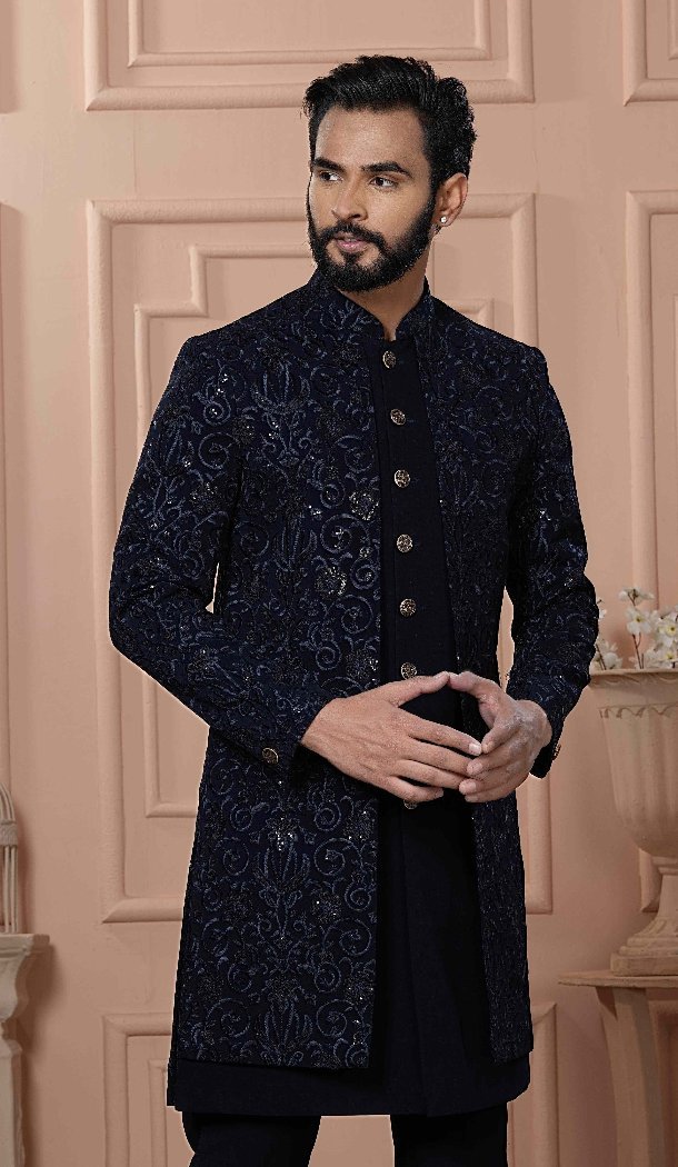 Mens Wear Indo Western Navy Blue Imported Embroidery - 13277211957