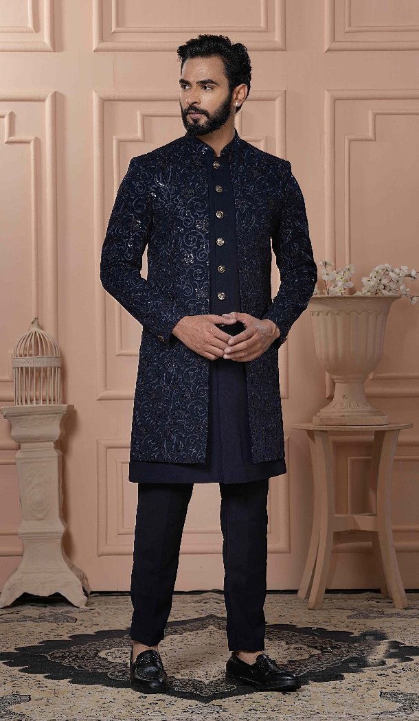 Mens Wear Indo Western Navy Blue Imported Embroidery - 13277211957