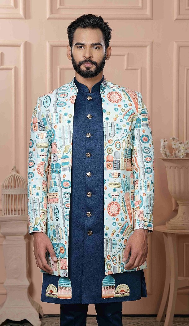 Mens Wear Indo Western Light Sky Multiu color Silk Position Print - 13277211958