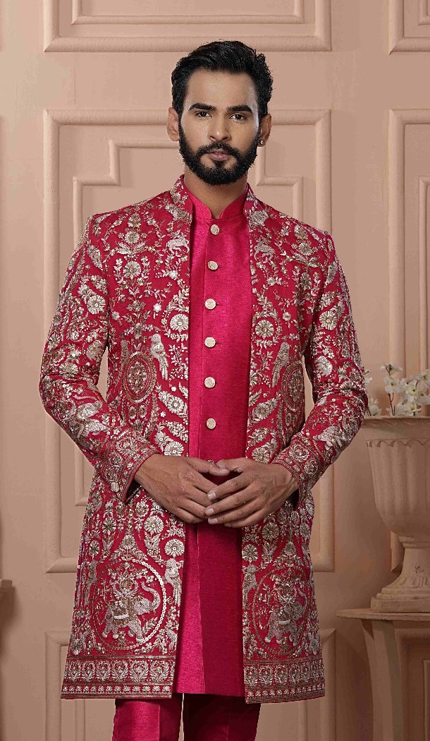 Men Silk embroidery Hot Pink Mens Wear Indo Western - 13277211959