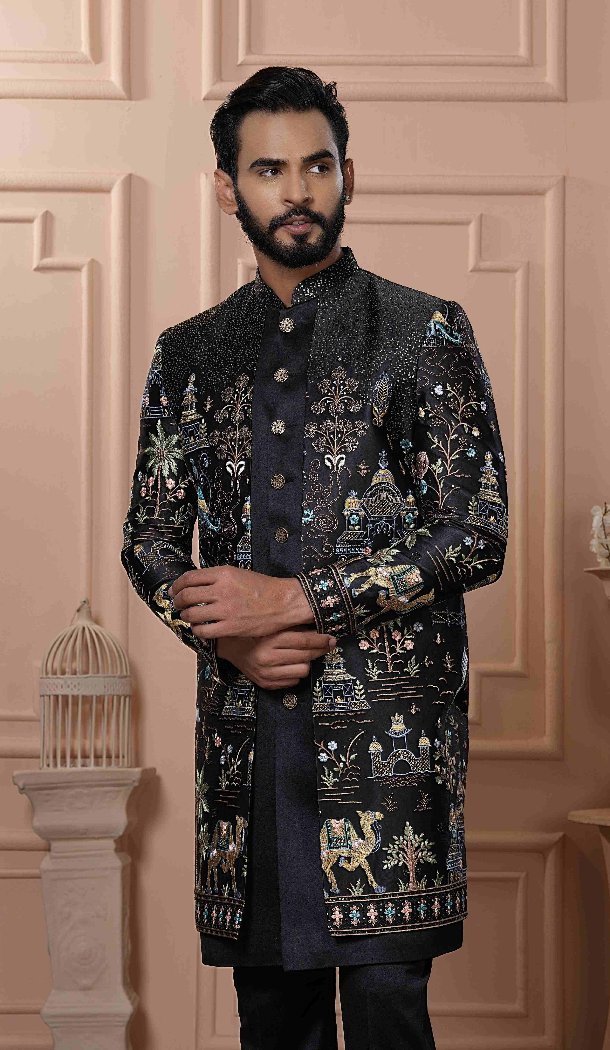 Men Black Sartin Embroidery Mens Wear Indo Western - 13277211960