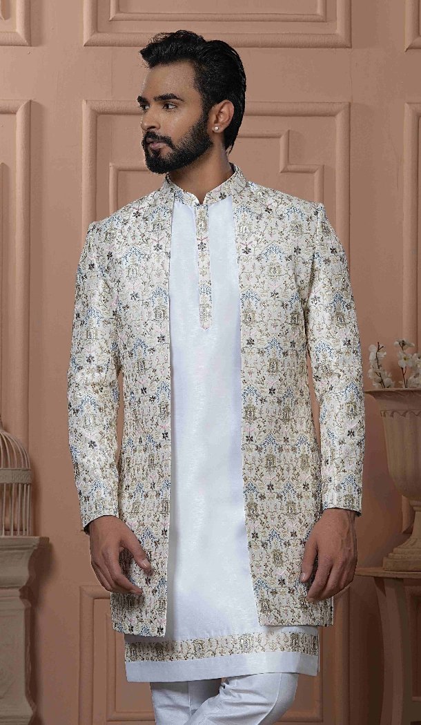 Men Off white Mens Wear Indo Western Silk embroidery - 13277211961