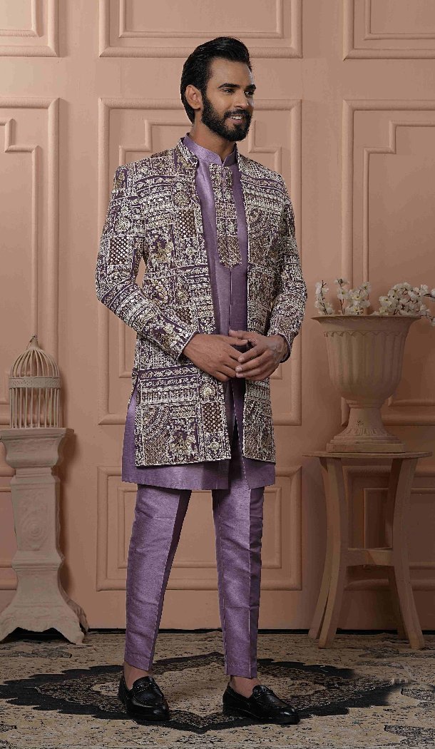 Men Georgette Sequence Embroidery Mens Wear Indo Western Majenta - 13277211964