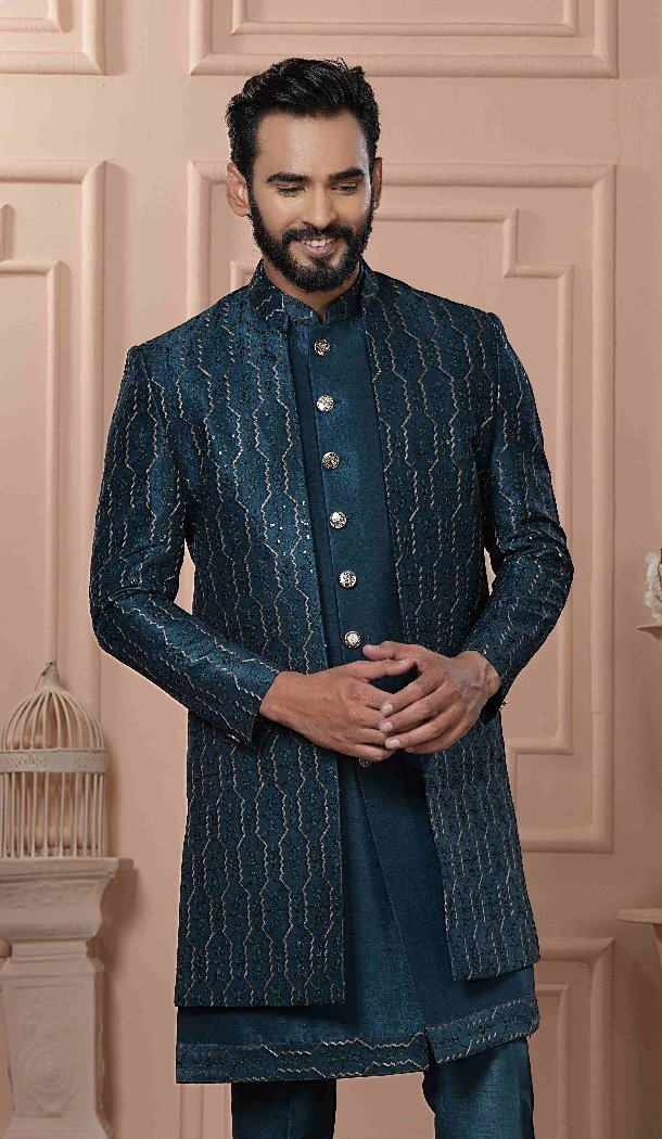 Mens Wear Indo Western Rama Blue Silk embroidery - 13277211967