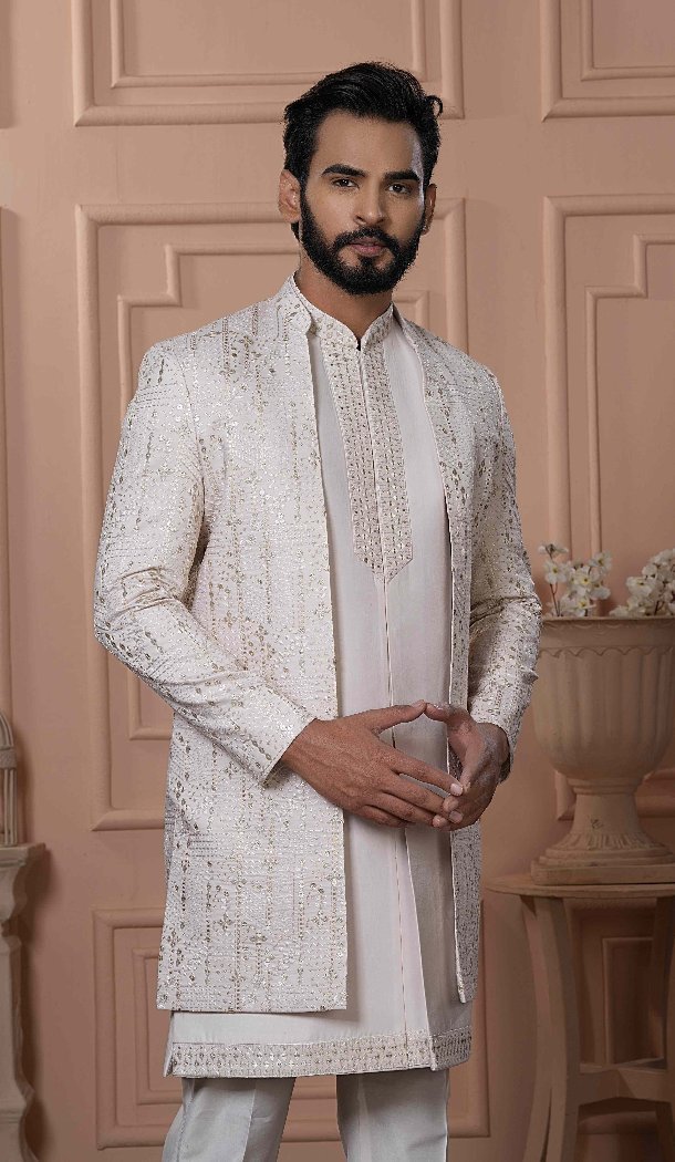 Men Pastel beige Soft Silk Embroidery Mens Wear Indo Western - 13277211968