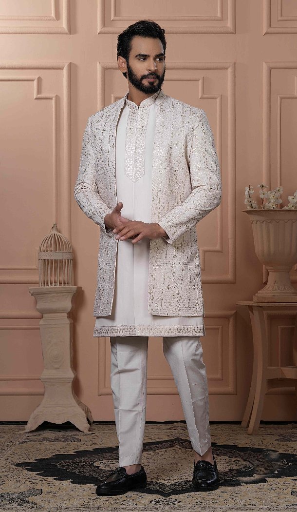 Men Pastel beige Soft Silk Embroidery Mens Wear Indo Western - 13277211968