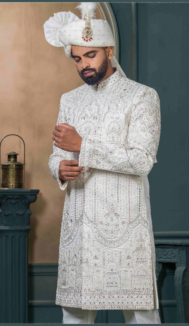 Men Ethnic Wedding Sherwani Embroidery Off white Silk - 13278211976