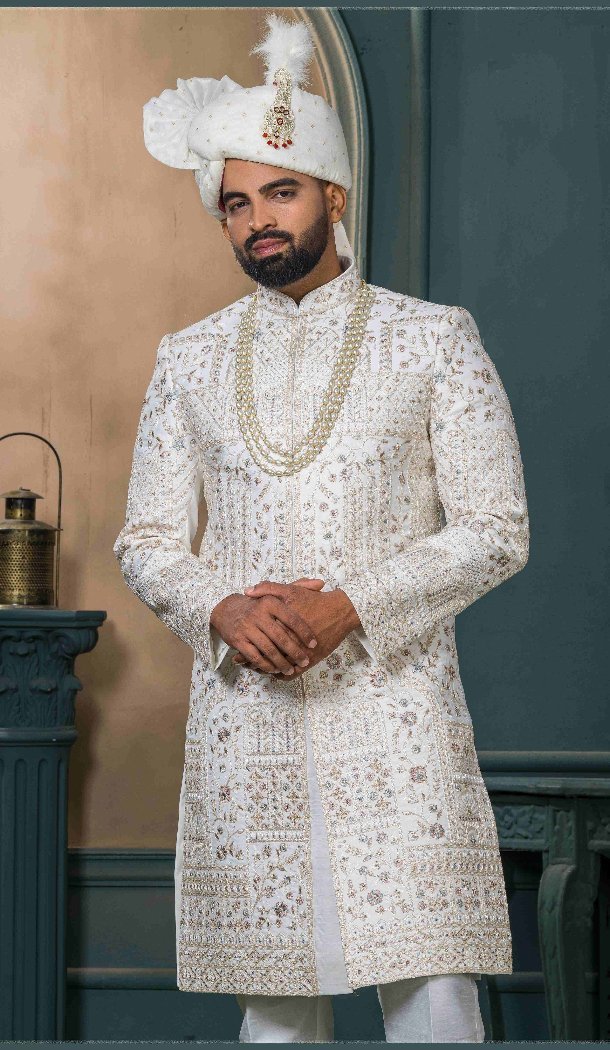 Men Ethnic Wedding Sherwani Embroidery Off white Silk - 13278211977