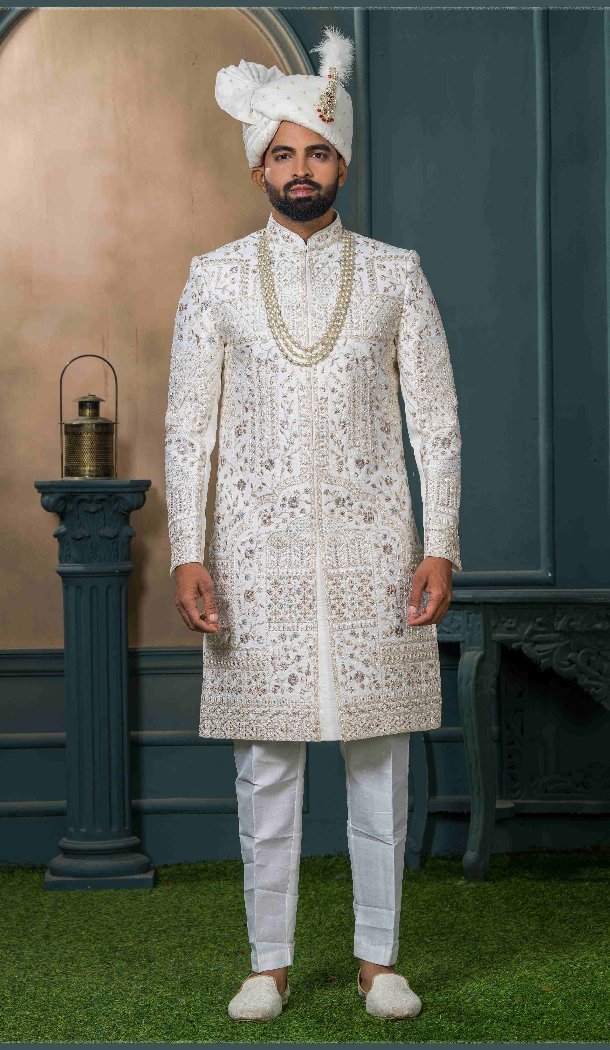 Men Ethnic Wedding Sherwani Embroidery Off white Silk - 13278211977
